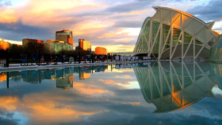 Sunset reflected in the lake in front of the city of arts and science in Valencia