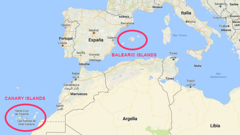 Canary Or Balearic Islands Discover Which Is Best For You   Spanish Islands Location Map Canary And Balearic Islands MAP 768x431 